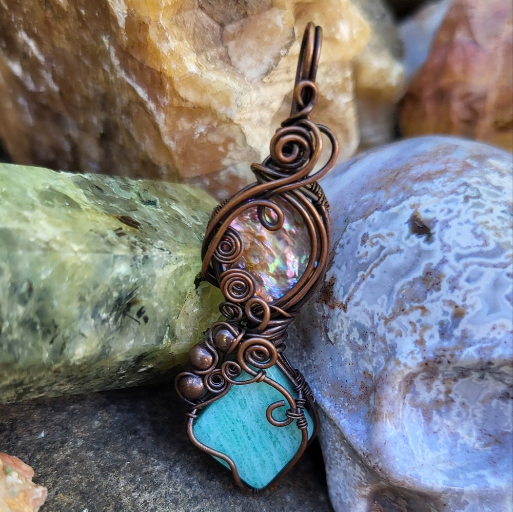 Abalone & Amazonite Copper Wire Wrap Pendant